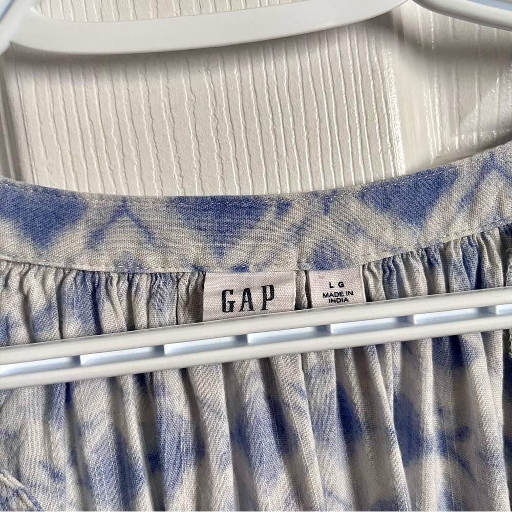 GAP Blouse Top Large Women Split Neck 3/4 Sleeve Blue Boho Peasant Summer - Picture 3 of 5